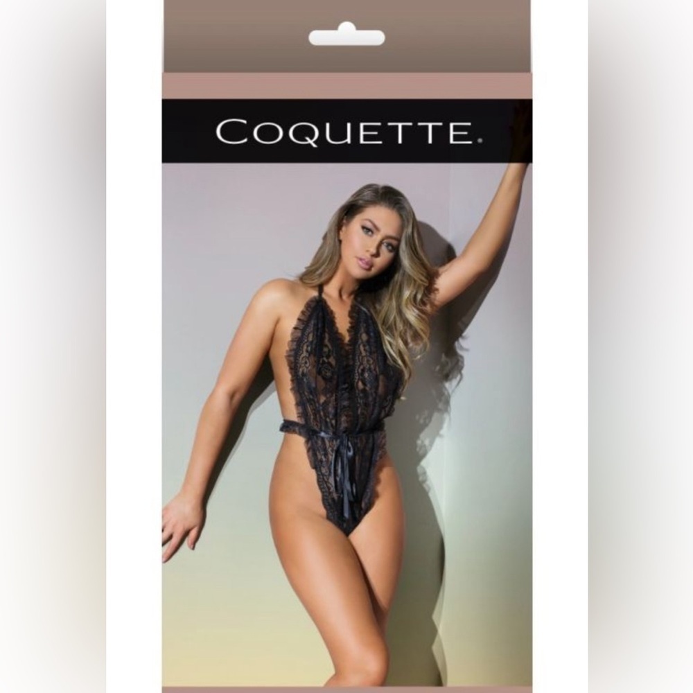 Coquette Black Lace Low Plunge Teddy Black One Size Bodysuit Thong - Picture 2 of 3